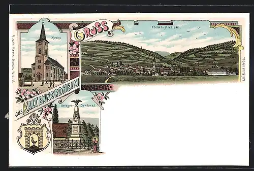 Lithographie Kaltennordheim, Krieger-Denkmal, Kirche, Totalansicht vom Ort