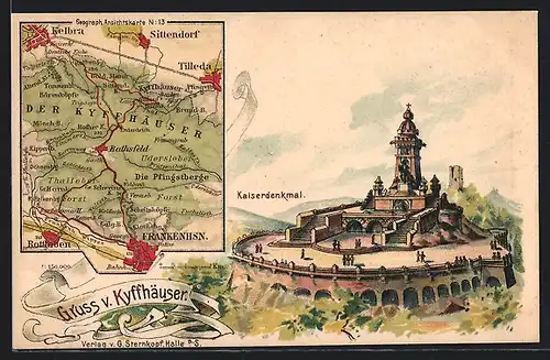 Lithographie Tilleda, Landkarte vom Kyffhäuser, Kaiser Wilhelm-Denkmal