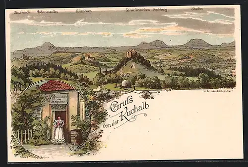 Lithographie Donzdorf, Gesamtansicht mit Bergen, Mädchen vor dem Haus