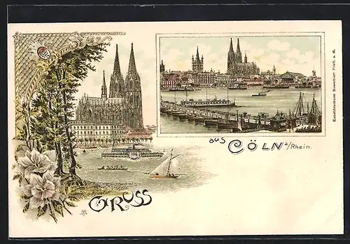 Lithographie Köln a. Rhein, Dom mit Dampfer, Uferpartie mit Booten