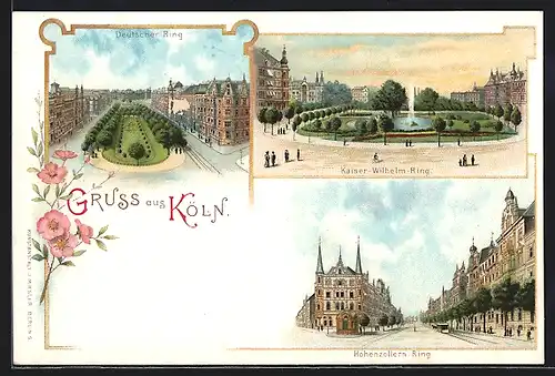 Lithographie Köln-Neustadt, Deutscher Ring, Kaiser Wilhelm-Ring, Hohenzollern-Ring, Pferdebahn