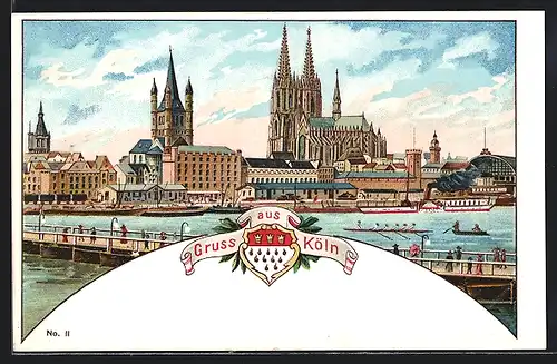 Lithographie Köln, Uferpartie mit Dom