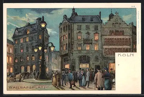 Lithographie Köln, Wallrafsplatz mit Passanten bei Beleuchtung