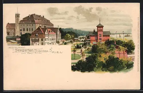 Lithographie Kiel, Restaurant Seegarten mit Schloss