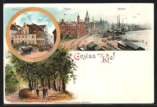 Lithographie Kiel, Töllner`s Hotel, Post und Hafen, Düsternbrooker-Allee, Strassenbahn, Segelboot