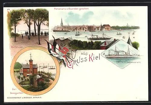Lithographie Kiel, Bellevue, Seegarten, S.M. Yacht Hohenzollern, Panorama
