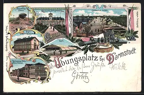 Lithographie Darmstadt, Truppen-Übungsplatz, Sicherheits-Stand, Württemberger Stabs- & Offizier-Gebäude, Post, Zelt