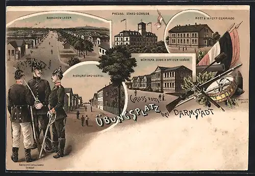 Lithographie Darmstadt, verschiedene Ansichten des Übungsplatzes