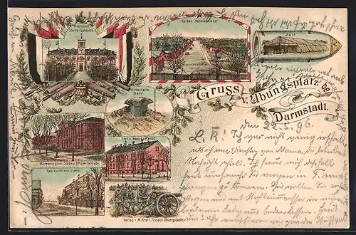 Lithographie Darmstadt, Halbes Barackenlager, Restaurant-Viertel, Post- und Wachkommando