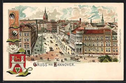 Lithographie Hannover, Bahnhofstrasse mit Strassenbahn und Hotel Rheinischer Hof