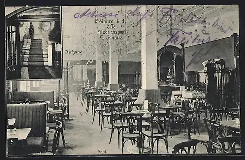 AK Freiburg i. B., Cafe Friedrichsbau C. Schanz, Innenansichten Saal und Aufgang