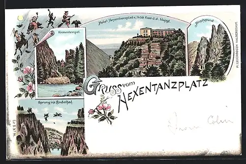 Lithographie Thale, Hexentanzplatz, Hotel Hexentanzplatz, Hirschgrund und Kronentempel