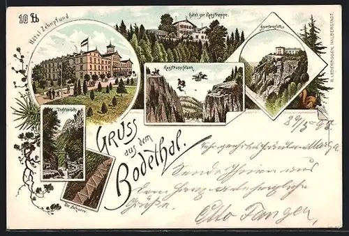 Lithographie Thale, Hotel zur Rosstrappe, Hotel Zehnpfund, Die Schurre