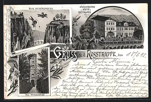 Lithographie Thale /Harz, Hotel zur Rosstrappe mit Winzenburg, der Hexensprung