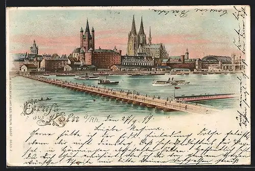 Lithographie Köln, Ortsansicht mit Dom und Pontonbrücke, beleuchtete Fenster