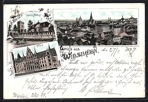 Lithographie Wiesbaden, Teilansicht, Restaurant Neroberg, Rathaus