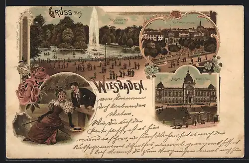 Lithographie Wiesbaden, Kursaalweier mit Fonaine, Kochbrunnenplatz, Augusta-Victoria-Bad