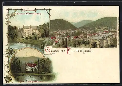 Lithographie Friedrichroda, Schloss Reinhardsbrunn, Hotel Reinhardsbrunn, Ortsansicht