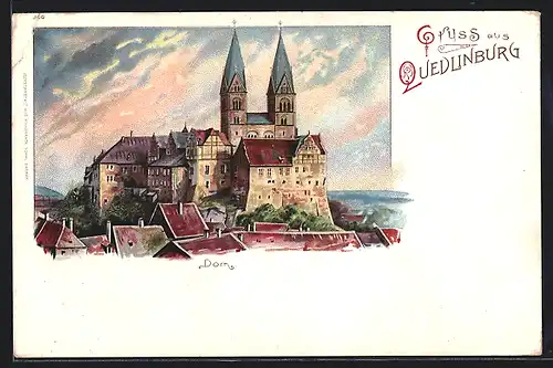 Lithographie Quedlinburg, Ortsansicht mit Dom