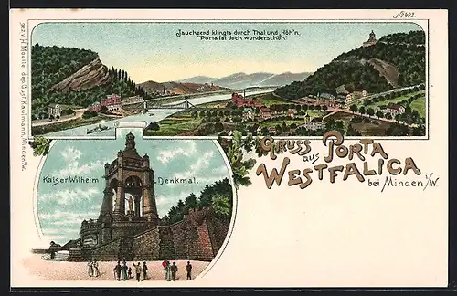 Lithographie Porta Westfalica, Talpanorama, Kaiser Wilhelm Denkmal