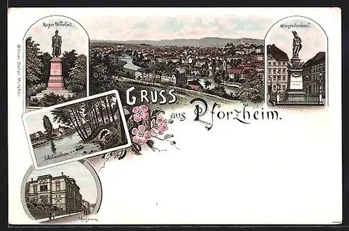 Lithographie Pforzheim, Museum, Kaiser Wilhelm I. Denkmal, Schelmenthurm, Kriegerdenkmal