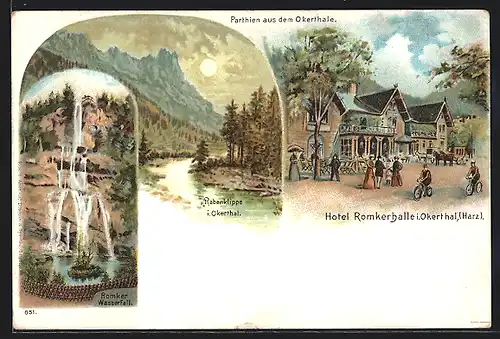 Lithographie Goslar, Hotel Romkerkapelle, Romker Wasserfall, Rabenklippe i. Okertal