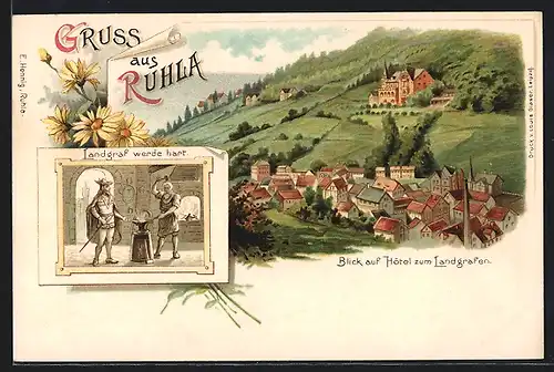 Lithographie Ruhla, Blick auf Hotel zum Landgrafen, Landgraf werde hart