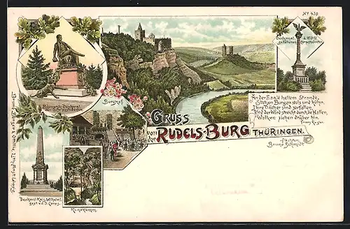 Lithographie Saaleck, Rudels-Burg, Kunoklamm, Bismarck-Denkmal, Burghof