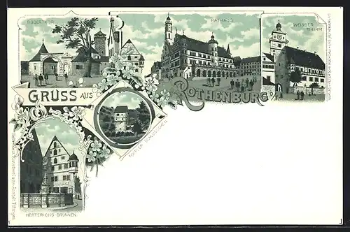 Lithographie Rothenburg o. T., Rathaus, Herterichs-Brunnen, Weisser Turm