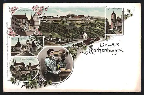 Lithographie Rothenburg ob. Tbr., Klingengasse, Röder-Thor, Jacobskirche, Strafthurm, Ortsansicht