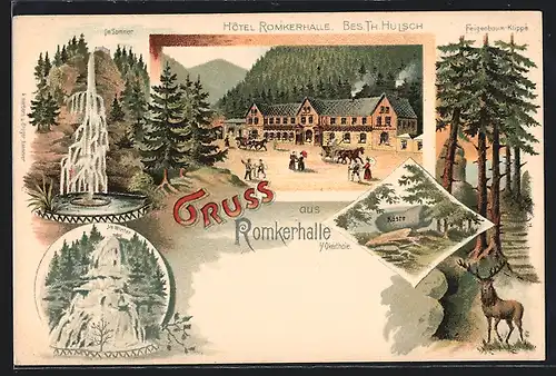Lithographie Oker, Hotel Romkerhalle, Wasserfall im Sommer und im Winter, Köste
