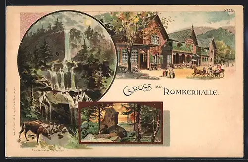 Lithographie Romkerhalle, Partie am Wasserfall, Gasthof