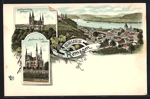 Lithographie Remagen, Teilansicht, Apollinaris-Kirche Westseite und Südseite