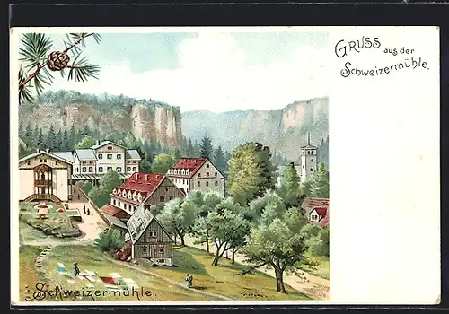 Lithographie Rosenthal-Bielatal, Ortsansicht mit Gasthaus-Pension zur Schweizermühle