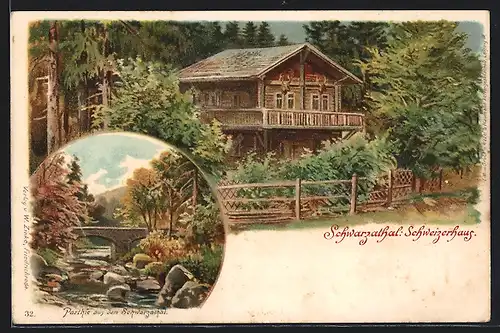 Lithographie Schwarzburg, Partie aus dem Schwarztal