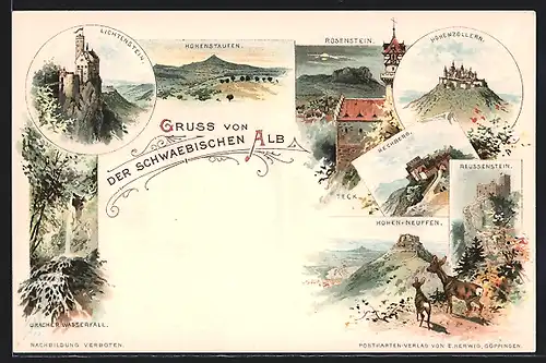 Lithographie Göppingen, Uracher Wasserfall, Lichtenstein, Rosenstein, Reussenstein