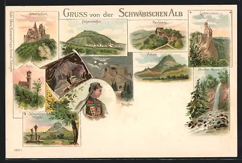 Lithographie Hohenstaufen, Ansichten von der Schwäbischen Alb, Frau in Tracht