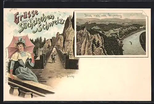 Lithographie Bastei, Frau mit Sonnenschirm auf der Bastei-Brücke, Blick nach dem Winterberg