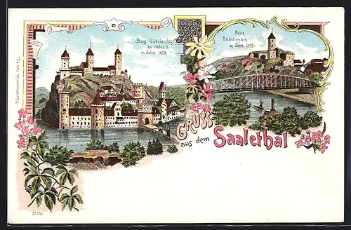 Lithographie Giebichenstein bei Halle a. S., Burg Giebichenstein im Jahre 1400 und Ruine Giebichenstein im Jahre 1898