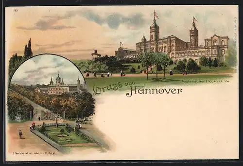 Lithographie Hannover, Technische Hochschule, Herrenhauser Allee um 1900