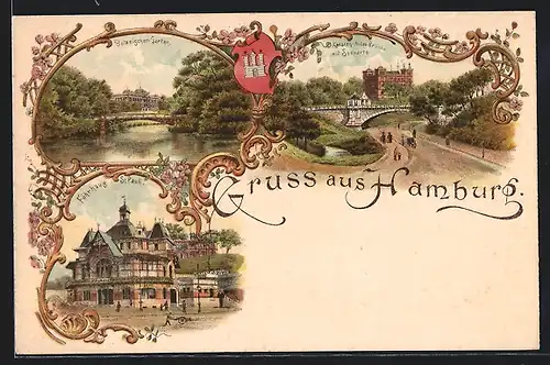 Lithographie Hamburg-St. Pauli, Fährhaus, Karsten-Miles-Brücke mit Seewarte