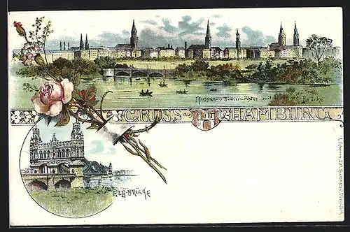 Lithographie Hamburg-Neustadt, Elb-Brücke, Aussen- und Binnen-Alster mit Lombard-Brücke