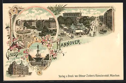 Lithographie Hannover, Ebhardt-Brunnen, Post, Ernst August-Platz und Georgstrasse