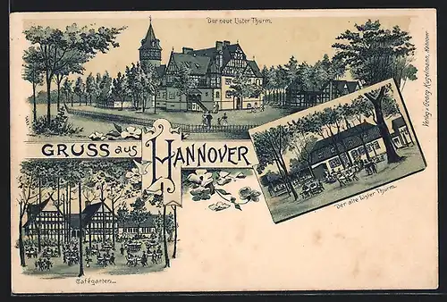 Lithographie Hannover, Ansicht des neuen Lister Turms, Cafegarten