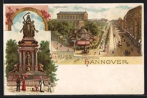 Lithographie Hannover, Hoftheater, Cafe Kröpcke, Kriegerdenkmal um 1900