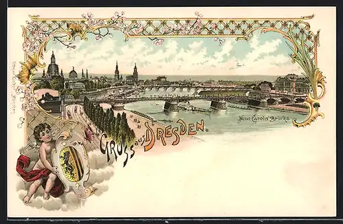 Lithographie Dresden, Neue Carola-Brücke und Kind mit Wappen