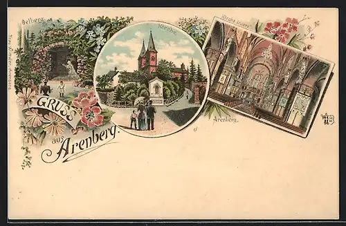Lithographie Arenberg, Kirche mit Innenansicht der Kirche, Oelberg