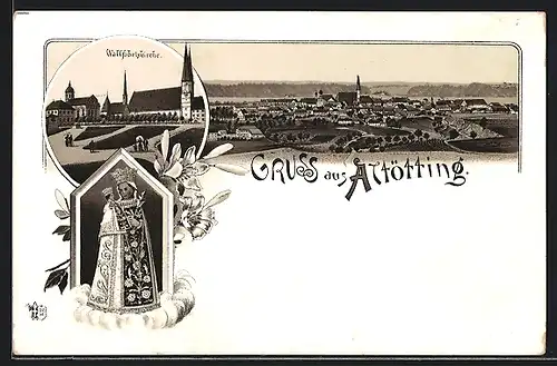 Lithographie Altötting, Platz mit Kirche, Panorama