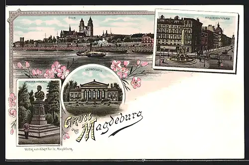 Lithographie Magdeburg, Am Herrenkrug, Friesen-Denkmal, Dom