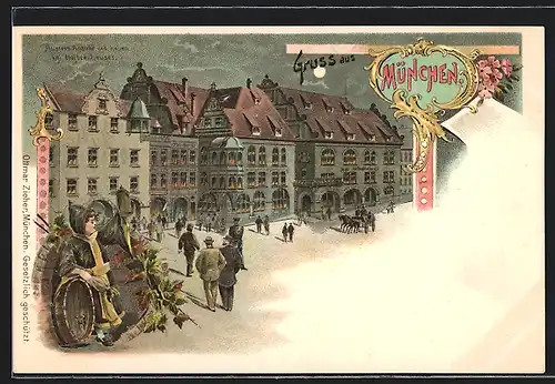 Lithographie München, Gäste vor dem Münchner Hofbräuhaus